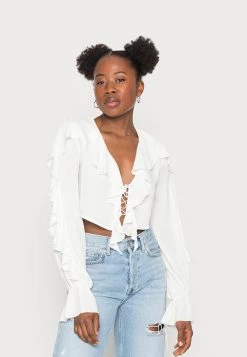 Nly by Nelly FRILL TIE BLOUSE - Weiße Damenbluse mit Rüschen und Bindegürtel