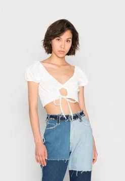 Nly by Nelly FRONT TIE - Weißes Basic T-Shirt für Damen | Modisches Damen-T-Shirt mit vorderer Schleife